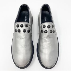Atelier Notify Italian Leather Silver Loafers with‎ Dome Embellishments 38